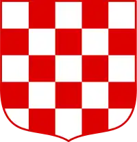 a red and white checkerboard shield