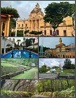 Counterclockwise from top: Palacio Departamental Retalhuleu, Retalhuleu Central Park, Xetulul, Takalik Abaj, Xocomil & rubber farms