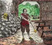 drawing of a glassblower working in colonial clothing