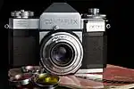 Contaflex II, an early SLR camera finished in chrome and black leather