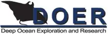 The DOER logo includes the acronym in large capital letters above a horizontal bar, below which the acronym is spelled out as "Deep Ocean Exploration and Research". A stingray is the final element of the logo, shown in an overhead view with its right "wingtip" protruding through the "D" in "DOER".