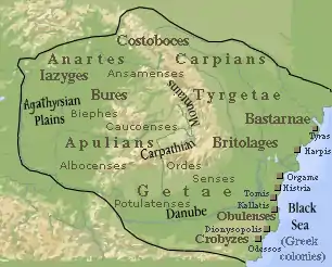 Approximate extent of Dacia circa 40 BC