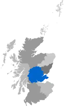 Map showing the Diocese of St Andrews as a coloured area covering Fife and Perthshire