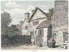 Large farmhouse in Dolgellau, woman feeding chickens in yard, 1815 by Cornelius Varley (1781–1873) and engraver Francis Stevens