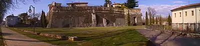 Wide-angle view of an old castle