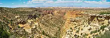 Panorama of a desert landscape with a canyon running through the center of the picture.