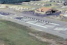 The flight line and Thunderdome hangar building at Eielson Air Force Base