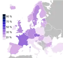 No belief in "any sort of spirit, God or life force" per country based on Eurobarometer 2005 survey