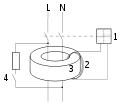 1: Electromagnet with help electronics 2: Current transformer secondary winding 3: Transformer core 4: Test push-button L: Line conductor N: Neutral conductor