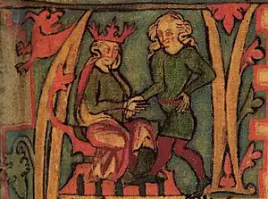 A page from an illuminated manuscript shows two male figures. On the left, a seated man wears a red crown and on the right, a standing man has long fair hair. Their right hands are clasped together.