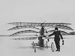 C.R. Nyberg and his steam engine driven airplane "Flugan"  on the ice of Askrikefjärden north of Lidingö, Sweden.