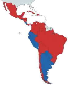 Image 1In blue countries under right-wing governments and in red countries under left-wing and centre-left governments as of 2023 (from History of Latin America)