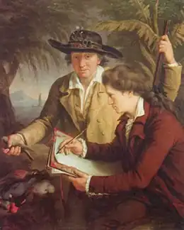 A middle aged man (Johann Reinhold Forster) wearing a hat looks at a young man (Georg Forster) drawing on sheet of paper