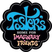 A black circle with curves and white dots is under the series' logo which has a light blue color for the word "Foster's", light pink for "Imaginary", and light orange for "Friends."