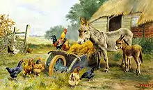 Adult and baby donkey being addressed by a rooster standing on a wheelbarrow full of hay, with ten hens watching