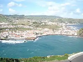 The urbanized area of Angústias, alongside Monte Escuro and Monte da Guia, showing the bay of Porto Pim