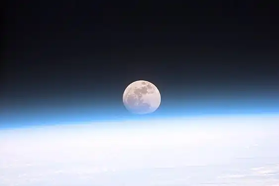 Image 71Astronauts aboard the Space Shuttle Discovery recorded this rarely seen phenomenon of the full Moon partially obscured by the atmosphere of Earth. The image was recorded with an electronic still camera at 15:15:15 GMT, Dec. 21, 1999. (Credit: NASA.) (from Portal:Earth sciences/Selected pictures)