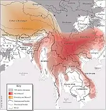 The Southeast Asian Massif (in red) next to the Himalayan Massif (in yellow)Michaud, J. 2010, Zomia and Beyond. Journal of Global History, 5(2): 205.