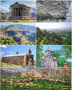 Landmarks of Garni, from top left:Garni Temple • Symphony of StonesGarni Gorge • Khosrov Forest Reserve Surb Astvatsatsin Church
 • Mashtots Hayrapet General view of Garni