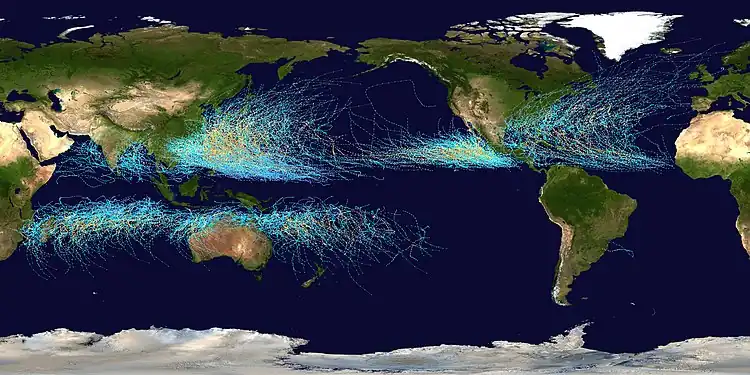 Image 62This map shows the tracks of all tropical cyclones that formed worldwide from 1985 to 2005. The points show the locations of the storms at six-hourly intervals and use the color scheme shown on the right from the Saffir-Simpson Hurricane Scale. (Credit: Nilfanion.) (from Portal:Earth sciences/Selected pictures)