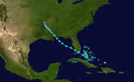 Map plotting the track and the intensity of the storm, according to the Saffir–Simpson scale