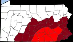 Map of Pennsylvania with the Pennsylvania Dutch Country (red) and the Greater Pennsylvania Dutch Country (maroon)