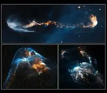 Multiple Herbig-Haro Objects mapped by the Hubble Space Telescope, including HH 2 at the lower right. HH 47 is at the top part and part of HH 34 is at the lower left.