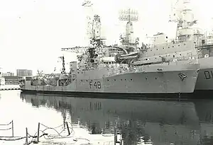 The last active Type 14 "Captain" or "Blackwood" Class anti-submarine frigate "HMS Dundas", 1,456 tons, launched 1953, commissioned 1956. At Portsmouth Navy Days, August 1980.