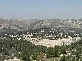 View from Har Hamenucho, with trees and hills.