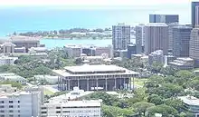 Hawaii State Capitol photographed from the rim of Punchbowl Crater