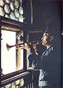 Cornet player, Hejnalista, in the tower of Saint Mary's Basilica