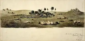 Sketch of a homestead, surrounded by group of trees, on a hilly plain