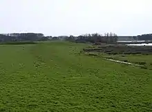  field with raised grass track leading to distant mound