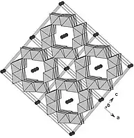 Polyhedral representation of the 2 × 2 tunnel structure of cryptomelane. The black atoms represent K.