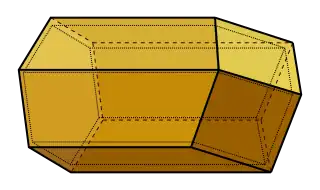 A computer-generated model of a honeycomb cell, showing a hexagonal tube terminating in three equal rhombuses that meet at a point on the axis of the cell.