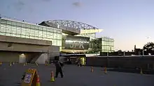 The building housing the AirTrain platforms as seen from the outside of the station