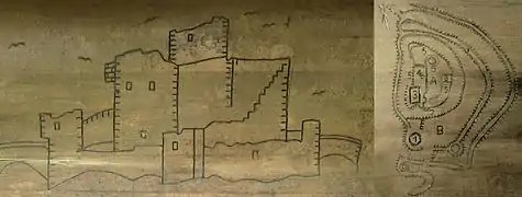 Burgruine Hunnesrück (vergrößerte Kopie einer Zeichnung Krabbes von 1603) und Lageplan