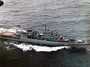 Soviet KGB Border Troops Krivak III-class frigate Imeni 70-Letiya Pogranichnykh Voisk (renamed Anadyr in Russian Coast Guard service) in 1988. KGB ensign is risen