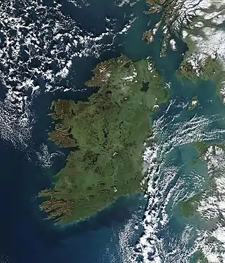 Image 14A true-color picture of Ireland, as seen from space, with the Atlantic Ocean to the west and the Irish Sea to the east.  (from Portal:Earth sciences/Selected pictures)