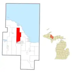 Location within Marquette County (red) and an administered portion of the West Ishpeming community (pink)