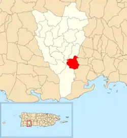 Location of Jácana within the municipality of Yauco shown in red