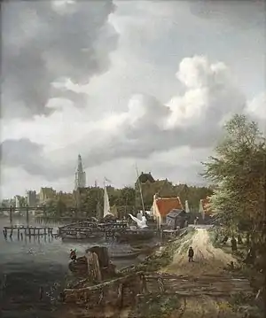 Painting of a city scene with a river