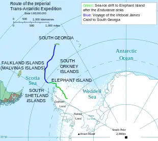  Outline map showing Weddell Sea, Elephant Island and South Georgia with parts of the landmasses of Antarctica and South America. A line indicates the path of the voyage from Elephant Island to South Georgia.