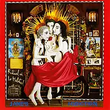 artwork of Perry Farrell engaging in a threesome with two women.