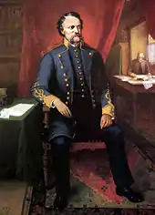 Painting of middle-aged man with brown, bushy mustache. Wearing Confederate general's uniform.