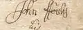 Signature of John Faulds who lived at Mosshead in 1728.