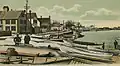 Joppa Landing c. 1906. The boats are fishing dories. The houses remain but the landing and the boats are gone and the street has been improved.