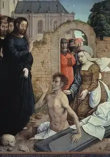 Photographic reproduction of painting "The Resurrection of Lazarus" by Juan de Flandes, between 1514 and 1519.