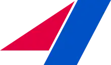 A red triangle and blue parallelogram arranged as to form an abstract numeral 4