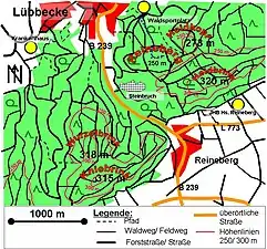 From the woodland sports field (Waldsportplatz) in Lübbecke you can reach the summit in ca. 10–15 min heading due south